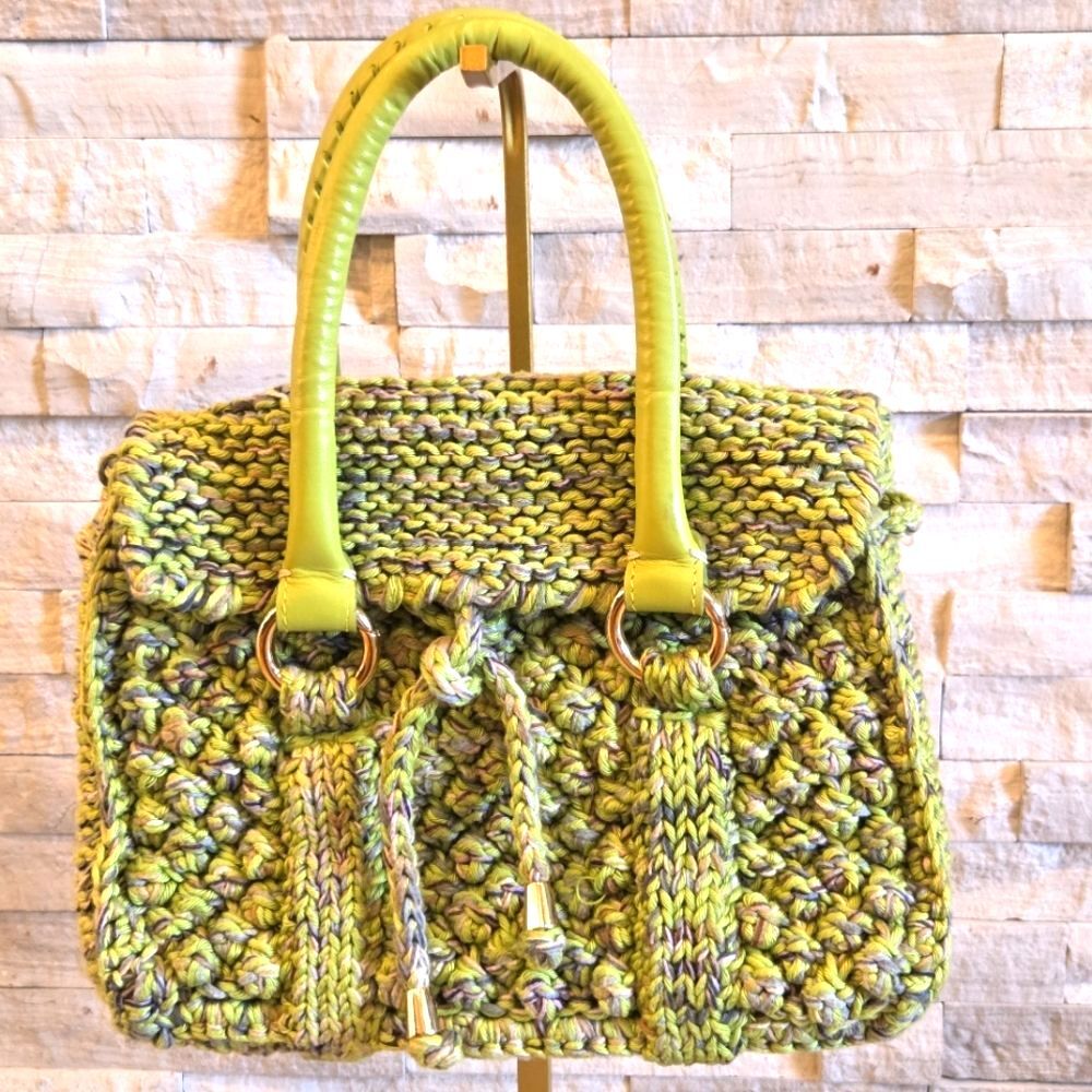Le Api Operaie Crochet Satchel Bag Leather Handles Green Italian Artisan Boho